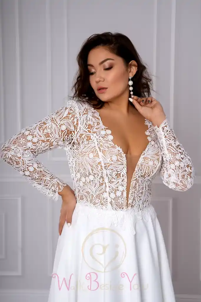 Plus Size Wedding Dress with Lace Satin and Long Sleeves