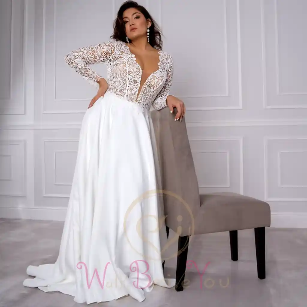 Plus Size Wedding Dress with Lace Satin and Long Sleeves