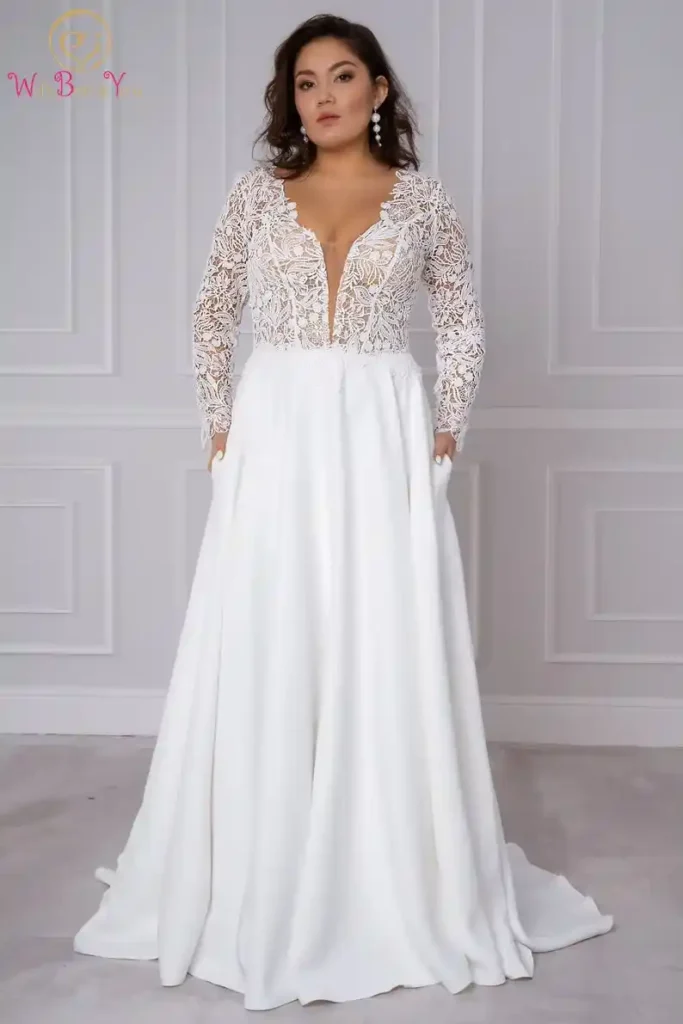 Plus Size Wedding Dress with Lace Satin and Long Sleeves