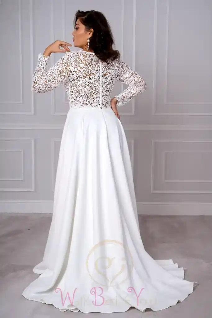 Plus Size Wedding Dress with Lace Satin and Long Sleeves